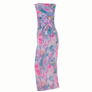1960s I Magnin Silk Chiffon Watercolor Print Maxi Dress w/ Bow Vintage Evening dress