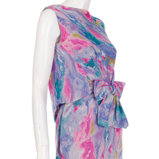 1960s I Magnin Silk Chiffon Watercolor Print Pink and Blue Maxi Dress w/ Bow 