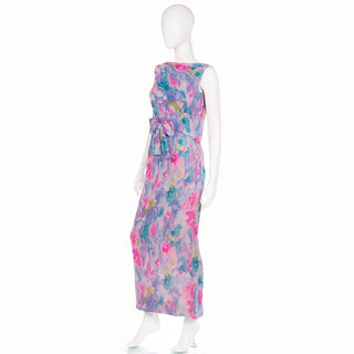 1960s I Magnin Silk Chiffon Watercolor Print Maxi Evening Dress w/ Bow 