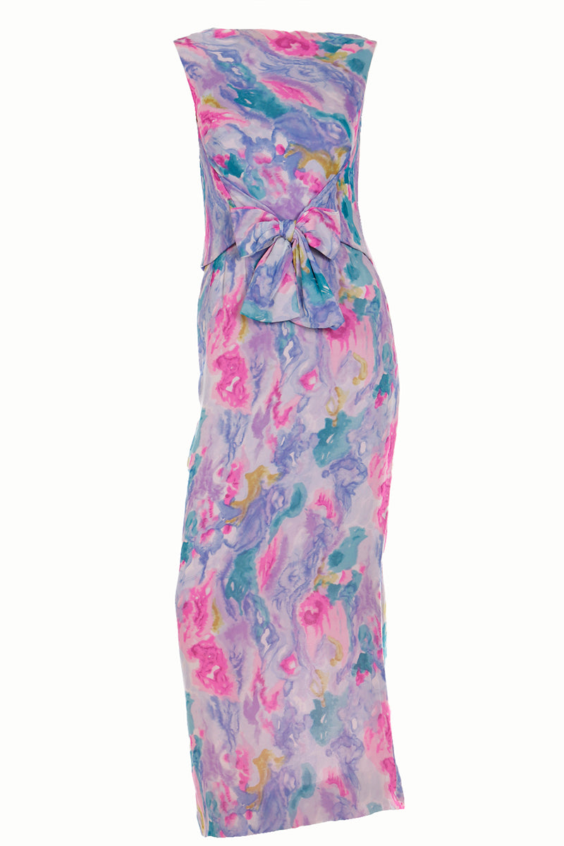 1960s I Magnin Silk Chiffon Watercolor Print Maxi Dress w/ Bow 1960s I Magnin Silk Chiffon Watercolor Print Maxi Dress w/ Bow