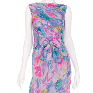1960s I Magnin Silk Chiffon Pink and Blue Watercolor Print Maxi Dress w/ Bow