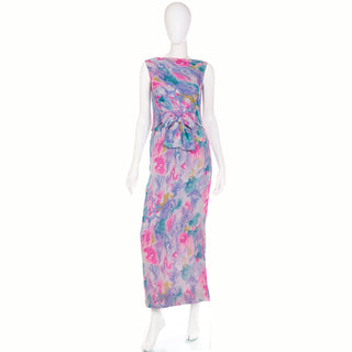 Vintage 1960s I Magnin Silk Chiffon Watercolor Print Maxi Dress w/ Bow