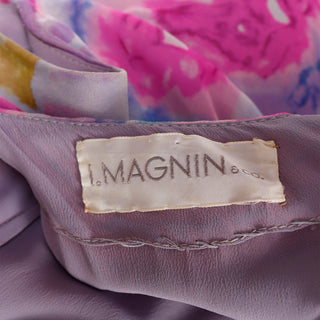 1960s I Magnin & Co Silk Chiffon Watercolor Print Maxi Dress w/ Bow 