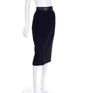 1992 Isaac Mizrahi Black Wool Wrap Midi Skirt w/ Leather Trim