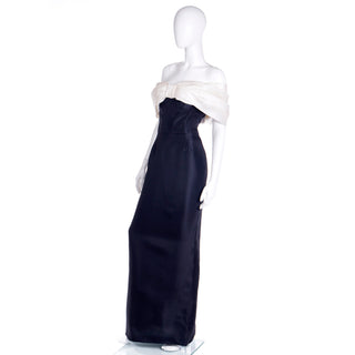 Vintage Isaac Mizrahi Off shoulder black long formal gown with large white bow