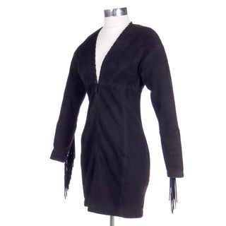 F/W 1991 Isaac Mizrahi Black Lambs Suede Mini Dress w/ Fringe