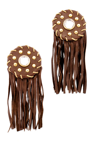 1990s Isaac Mizrahi Brown Leather Earrings with Fringe and Rhinestones