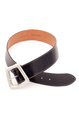 1992 Isaac Mizrahi Black Leather Belt with Abstract Silver Buckle