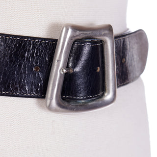 1992 Isaac Mizrahi Black Genuine Leather Belt with Abstract Silver Buckle