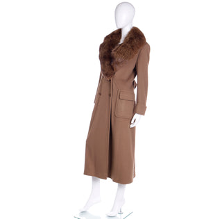 1990s Isaac Mizrahi Brown Wool Angora Cashmere Coat With Fox Fur Collar