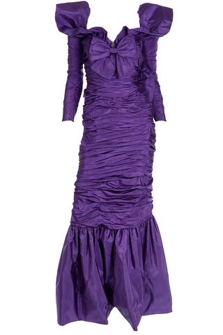 1980s Isabelle Allard Vintage Purple Taffeta Ruched Evening Gown w Bows