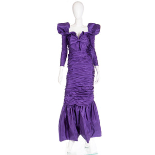 1980s Isabelle Allard Vintage Purple Taffeta Ruched Evening Gown  Dress w Bows