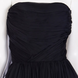 1960s Kay Selig Black Silk Chiffon Party Dress with pleated chiffon bodice