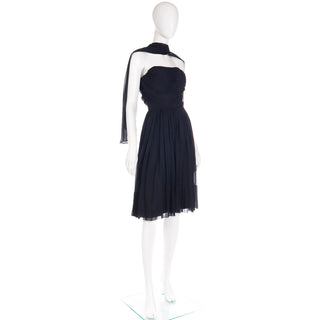 1960s Kay Selig Black Silk Chiffon Party Dress with Attached Scarf