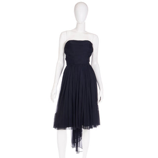 1960s Kay Selig Strapless Black Silk Chiffon Party Dress