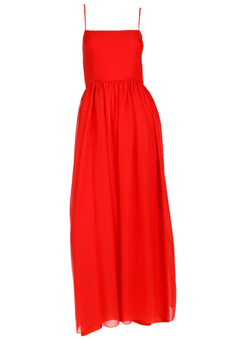 1970s Lanvin Boutique Paris Vintage Red Silk Maxi Evening Dress