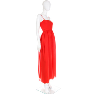 1970s Lanvin Boutique Paris Vintage Red Silk Maxi Evening Dress Made in France