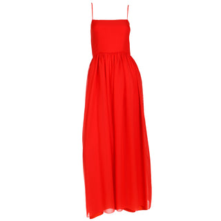 1970s Lanvin Boutique Paris Vintage Red Silk Maxi Evening Dress France