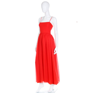 1970s Lanvin Boutique Paris Vintage Red Silk Maxi Evening Dress w Spaghetti Straps
