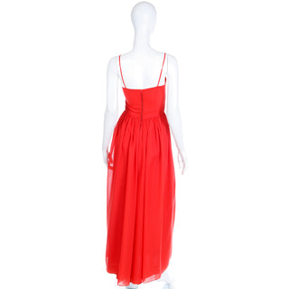 1970s Lanvin Boutique Paris Vintage Red Silk Maxi Evening Dress w Narrow Straps