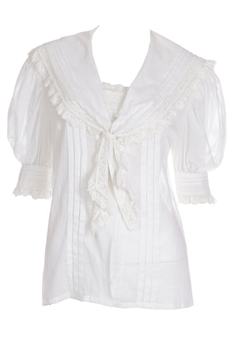 1980s Laura Ashley White Sailor Style Blouse w Lace Trim & Puff Sleeves
