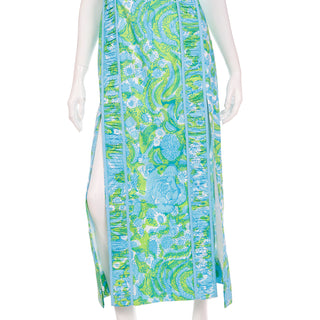 The Lilly Green & Blue Lilly Pulitzer Vintage 1970s Maxi Dress w Thigh High Slit 