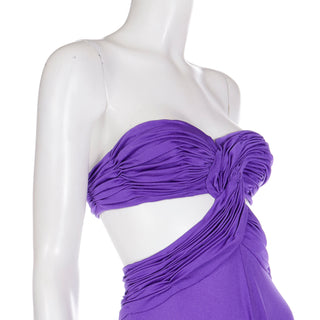 1970s Loris Azzaro Purple Cutout Bra Top Vintage Strapless Evening Dress with Pleating France