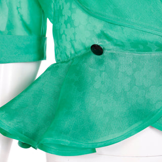 1980s Louis Feraud Green Silk Organza Peplum Blouse w Low V Neckline in Tonal Floral Fabric