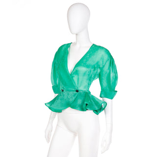 1980s Louis Feraud Green Silk Organza Peplum Blouse w Low V Neckline & Elbow Length Sleeves