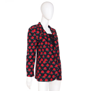 1980s Louis Feraud Vintage Black & Red Silk Floral 2 Piece Jacket & Silk Tank Top
