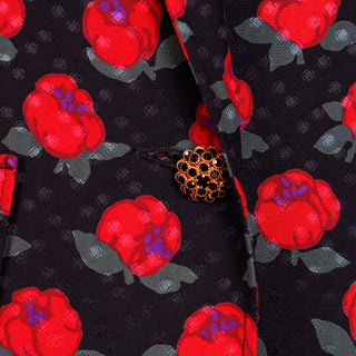 2 Pc 1980s Louis Feraud Vintage Black & Red Silk Floral Jacket & Silk Tank Top