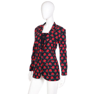 1980s Louis Feraud Vintage Black & Red 2 pc Silk Floral Jacket & Silk Tank Top