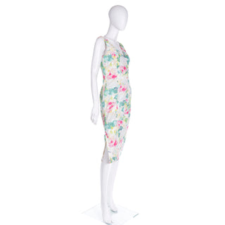 2000s John Galliano pastel floral V neck dress with slit