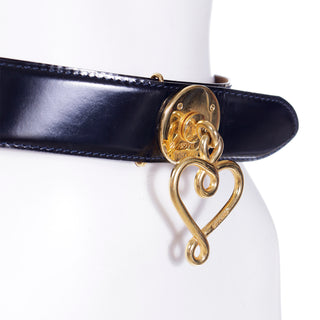 1990s Moschino Vintage Black Leather Belt With Gold Heart Buckle