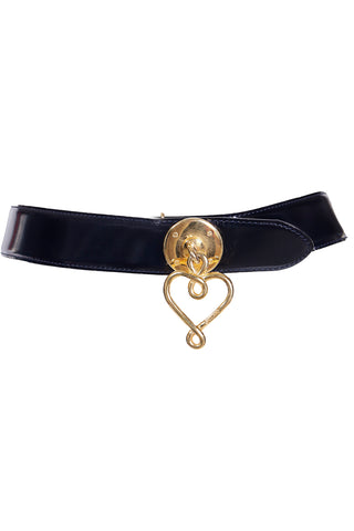 1990s Moschino Vintage Black Belt With Gold Heart Buckle