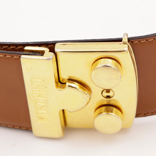 Vintage Moschino Redwall Brown Leather Belt with Gold Branded Moschino Hardware