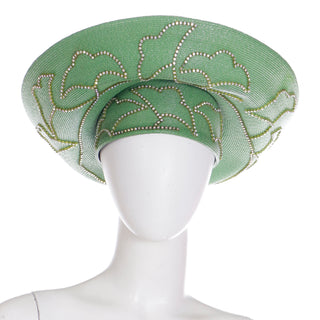 1990s Vintage Makins Green Straw Wide Brim Gele Inspired Church Hat with Rhinestones