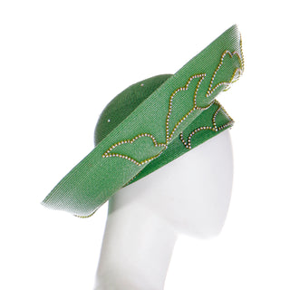 1990s Vintage Makins Green Straw Wide Brim Church Hat with Rhinestones 21"
