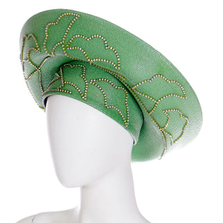 1990s Vintage Makins Green Straw Wide Brim Womens Church Hat with Rhinestones