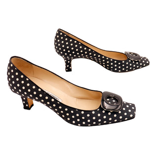 Vintage Manolo Blahnik B&W Polka Dot Low Heel Shoes with squared toes and buckles