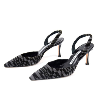 2000s Manolo Blahnik Carolyne Slingback Heels Grey & Black Abstract Shoes 5.5