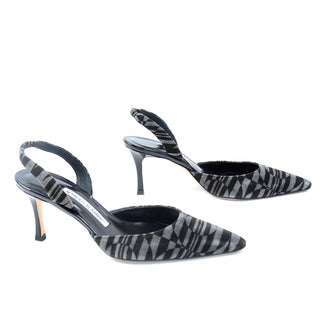 2000s Manolo Blahnik Carolyne Slingback Heels Grey & Black Abstract Shoes with original box