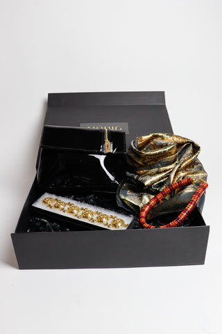 Marakesh Vintage Gift Set with Oscar de la Renta Scarf, YSL zip bag, textured gold bracelet and red and gold choker necklace