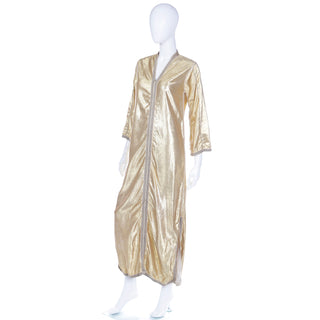 1960s Vintage Gold Lamé Moroccan Metallic Caftan Maxi Dress with long sleeves