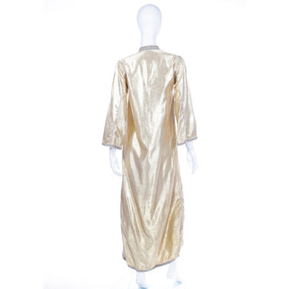 1960s Vintage Gold Lamé Moroccan Metallic Caftan Maxi Dress with braid trim