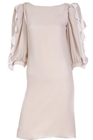 1970s Michael Novarese Nude Crepe Dress With Guipure Lace