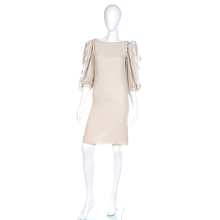 1970s Michael Novarese Nude Crepe Dress With Guipure Lace