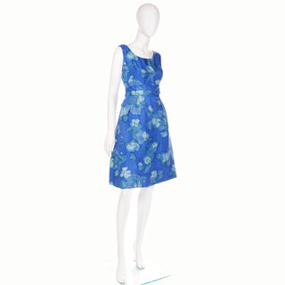 1960s Miss Bergdorf Vintage Blue Floral Sleeveless Dress w Low Open Back Vintage Summer Dress