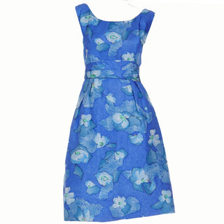 1960s Miss Bergdorf Vintage Blue Floral Sleeveless Dress w Low Open Back Size Medium