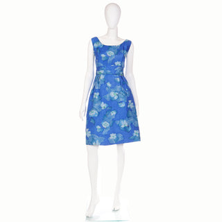 1960s Miss Bergdorf Vintage Blue Floral Sleeveless Dress w Low Open Back 60s